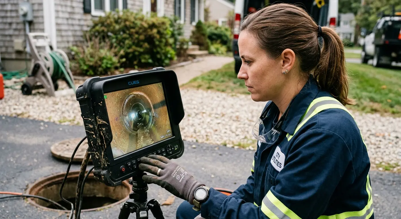 Technician reviewing sewer camera inspection footage in Brookfield