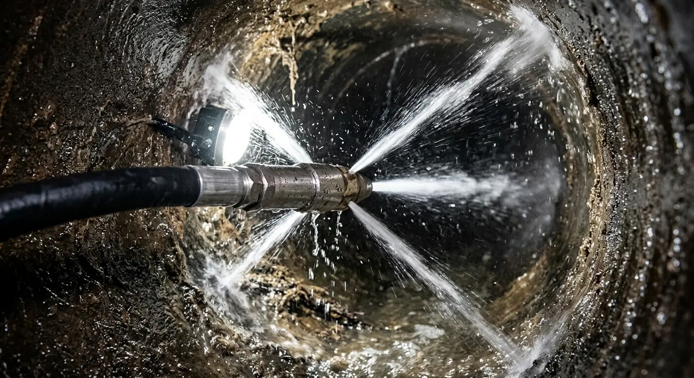 High-pressure hydro jetting nozzle cleaning sewer pipe for Emergency Drain Service in Brookfield